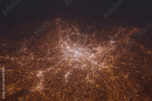 Aerial shot of Salzburg (Austria) at night, view from north. Imitation of satellite view on modern city with street lights and glow effect. 3d render