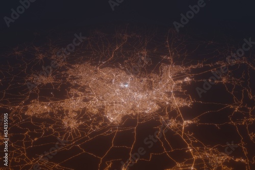 Aerial shot on Nicosia (Cyprus) at night, view from east. Imitation of satellite view on modern city with street lights and glow effect. 3d render