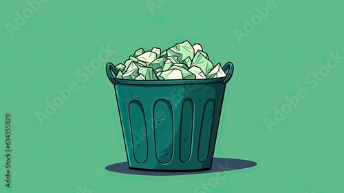 Flat illustration of green basket full of crumpled paper, on green background