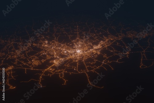 Aerial shot on Dover (Delaware, USA) at night, view from east. Imitation of satellite view on modern city with street lights and glow effect. 3d render