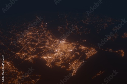 Aerial shot of Savannah (Georgia, USA) at night, view from south. Imitation of satellite view on modern city with street lights and glow effect. 3d render