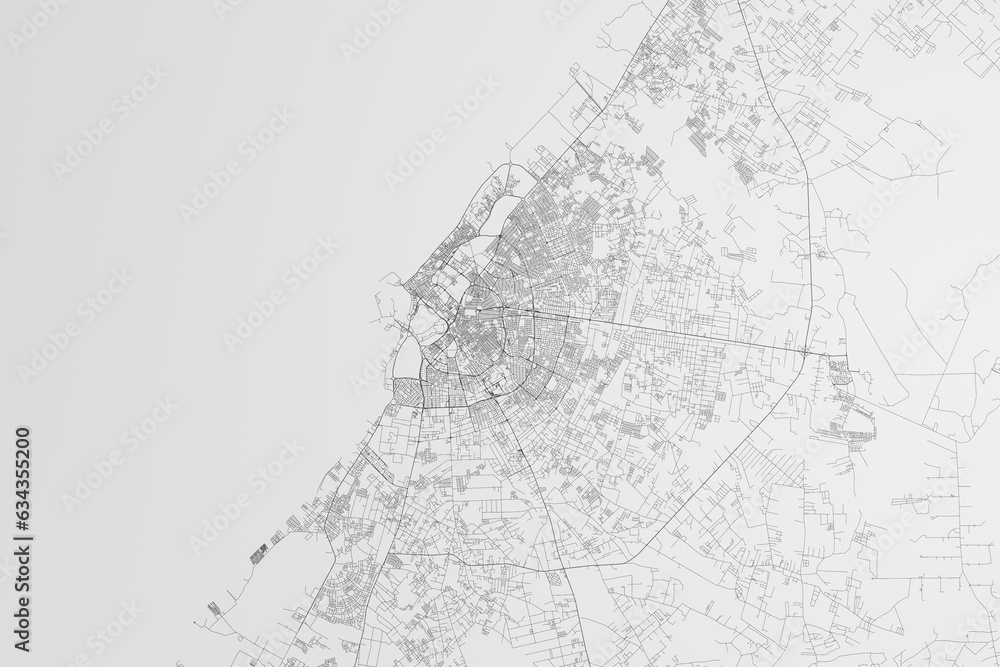 Map of the streets of Benghazi (Libya) on white background. 3d render, illustration Map of the streets of Benghazi (Libya) on white background. 3d render, illustration