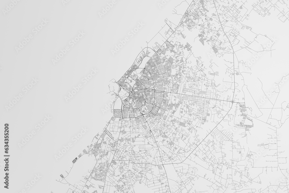 Map of the streets of Benghazi (Libya) on white background. 3d render, illustration