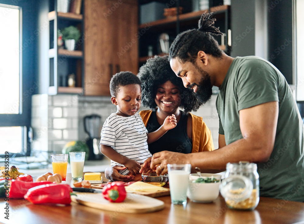 child family kitchen food boy son mother father breakfast preparing egg morning healthy diet eating home black african american father cooking, parent, cute, meal - obrazy, fototapety, plakaty 