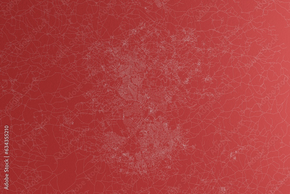 Fototapeta premium Map of the streets of Lilongwe (Malawi) made with white lines on red paper. Top view, rough background. 3d render, illustration