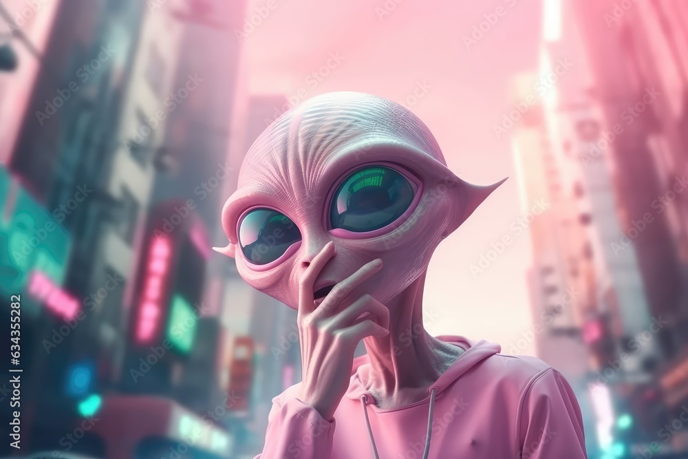 Pink aliens look at phone, roaming and internet outside the galaxy. Emotional alien on the background of the city. generative ai.