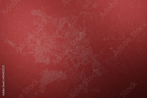 Map of the streets of Marrakesh (Morocco) made with white lines on abstract red background lit by two lights. Top view. 3d render, illustration