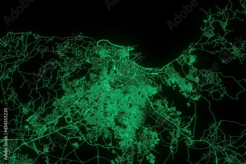 Map of the streets of Tangier (Morocco) made with green illumination and glow effect. Top view on roads network. 3d render, illustration