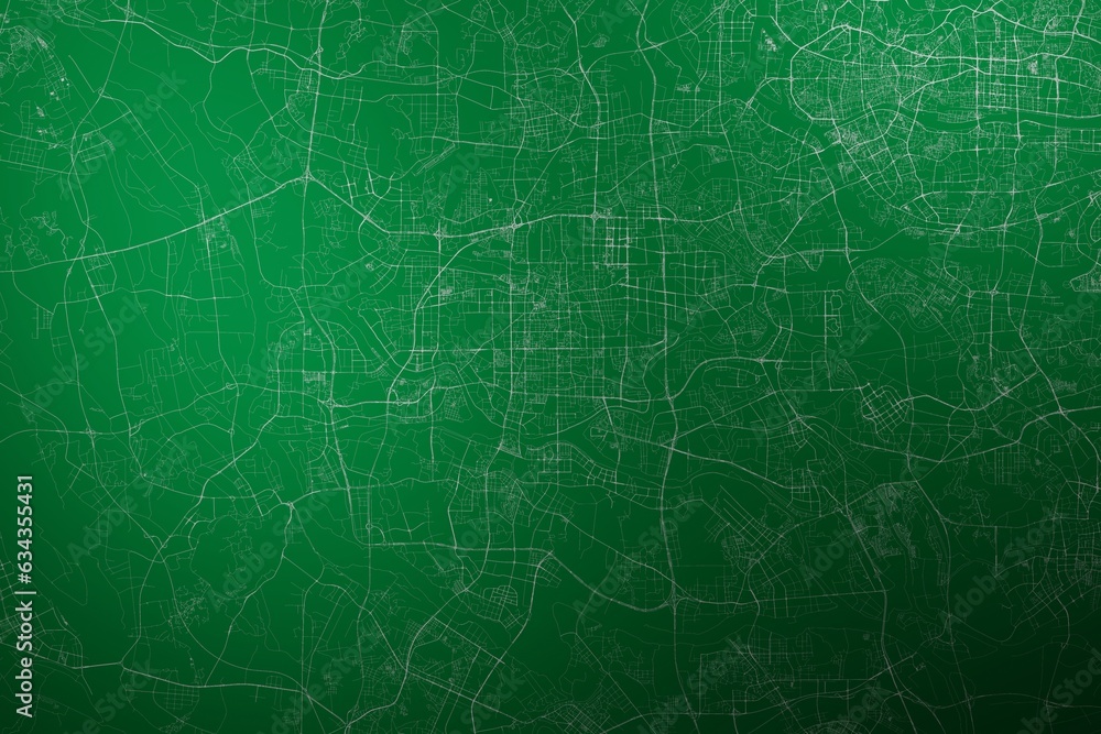 Map of the streets of Foshan (China) made with white lines on abstract green background lit by two lights. Top view. 3d render, illustration Map of the streets of Foshan (China) made with white lines on abstract green background lit by two lights. Top view. 3d render, illustration