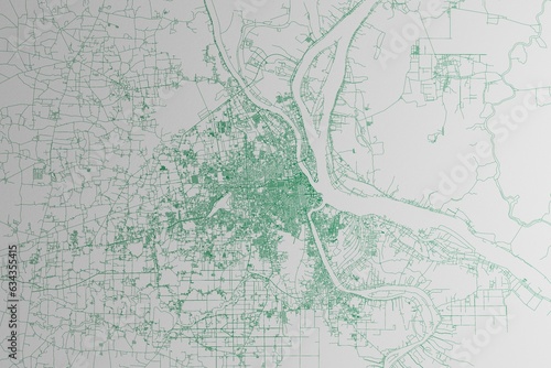 Map of the streets of Phnom Penh (Cambodia) made with green lines on white paper. 3d render, illustration