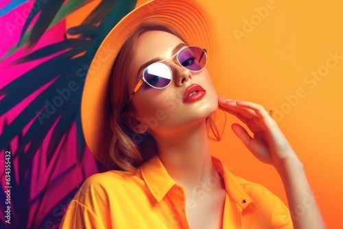 Girl on a summer-autumn tropical background  make-up portrait. Beautiful model looking at the camera  wearing a hat and sunglasses. Summer vacation  vacation. generative ai.