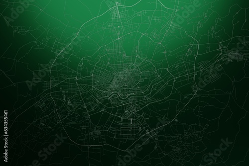 Street map of Shenyan  China  engraved on green metal background. Light is coming from top. 3d render  illustration