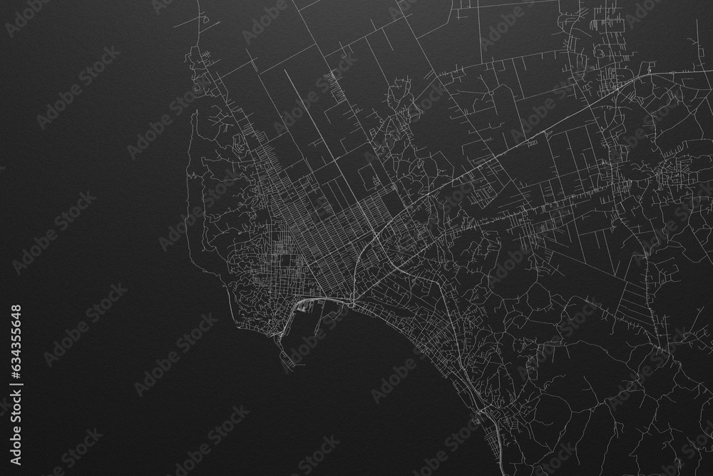 Street map of Durres (Albania) on black paper with light coming from top