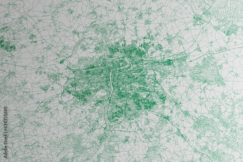 Photography Map of the streets of Prague (Czechia) made with green lines on white paper