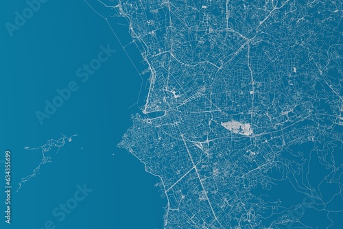 Map of the streets of Marseille (France) made with white lines on blue background. 3d render, illustration