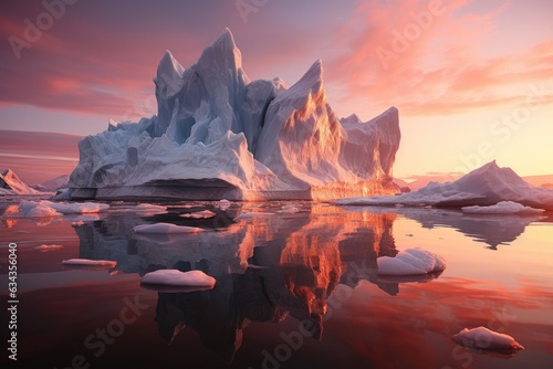 Frozen Reverie: Venturing into the Dreamlike Scene of a Solitary Iceberg Drifting Across the Expansive Open Ocean, Adorned by the Gentle Tints of a Pastel-Colored Sky © furyon