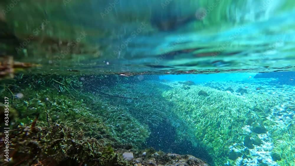 Blue Eye Natural Monument in Albania. Underwater Shot of Syri i Kaltër in Southeastern Europe. Blue Eye Natural Monument in Albania. Underwater Shot of Syri i Kaltër in Southeastern Europe.