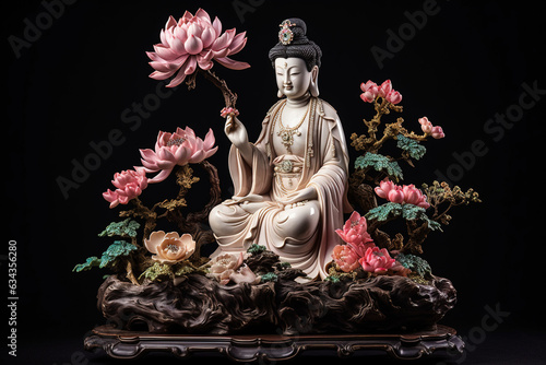 Guanyin Bodhisattva sitting on the lotus throne surround photo