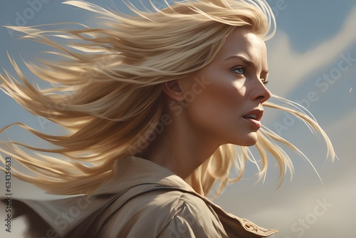 Beautiful hair of white woman blowing on a cool, strong windy day