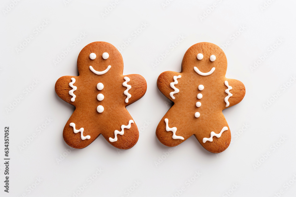 Festive, heartwarming composition of two homemade gingerbread man cookies with smiles. Cozy, hygge-inspired scene captures essence of holiday season, friendship, joy, perfect for Christmas, New Year. Festive, heartwarming composition of two homemade gingerbread man cookies with smiles. Cozy, hygge-inspired scene captures essence of holiday season, friendship, joy, perfect for Christmas, New Year.