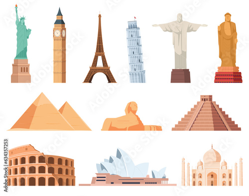 Cultural tourist attractions. Majestic architectural monuments and buildings of different countries. Travel around the world to places of interest. Vector illustration