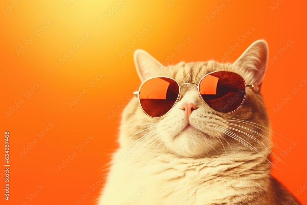 Close portrait of british furry cat in fashion sunglasses. Funny pet on bright orange background. Kitten in eyeglass. Fashion, style, cool animal concept with copy space