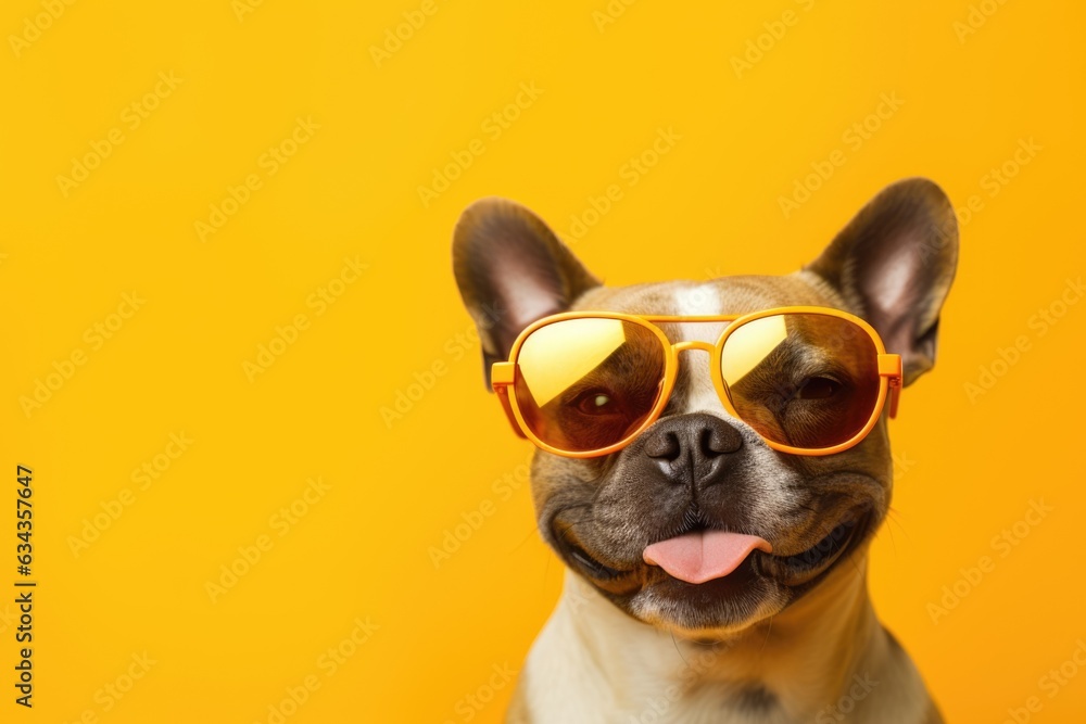 Close portrait of french bulldog dog in fashion sunglasses. Funny pet on bright yellow background. Puppy in eyeglass. Fashion, style, cool animal concept with copy space Close portrait of french bulldog dog in fashion sunglasses. Funny pet on bright yellow background. Puppy in eyeglass. Fashion, style, cool animal concept with copy space