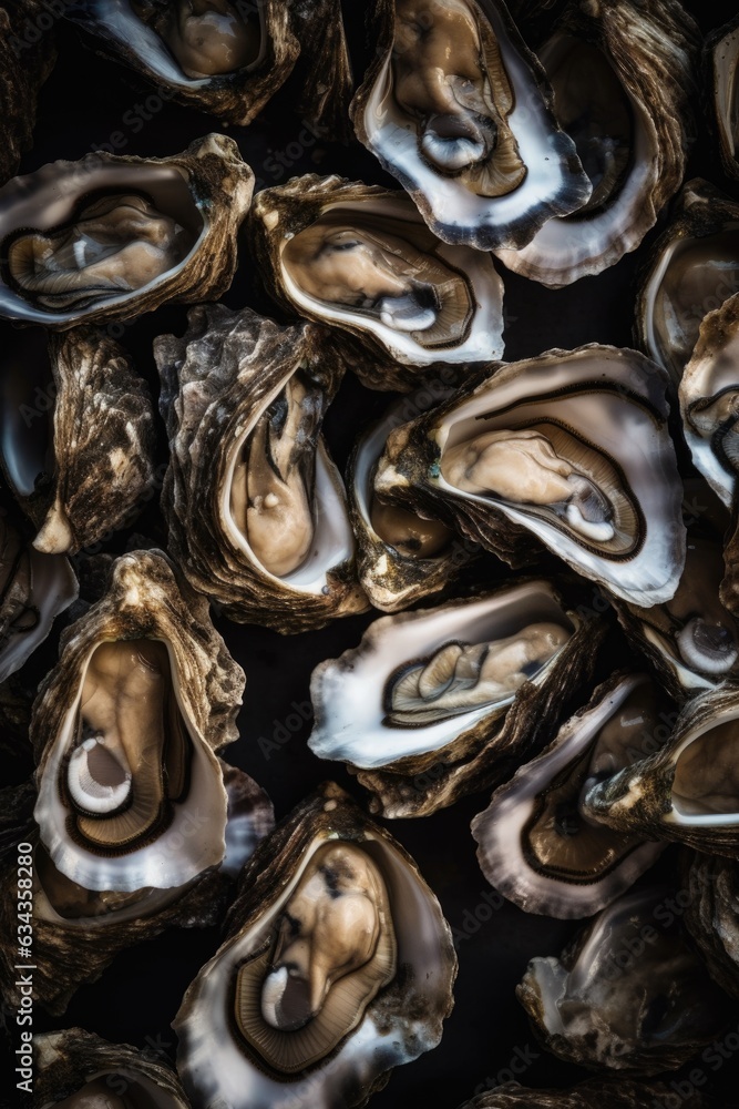 Creative flatlay pattern with Fresh oysters on black stone background with ice. Closeup open oyster. Seafood market or restaurant concept. French delicacy. Aphrodisiac mollusk Creative flatlay pattern with Fresh oysters on black stone background with ice. Closeup open oyster. Seafood market or restaurant concept. French delicacy. Aphrodisiac mollusk