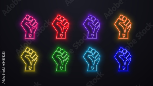 A set of neon bright glowing fist icons in different colors. A concept for black lives matter.