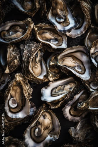 Creative flatlay pattern with Fresh oysters on black stone background with ice. Closeup open oyster. Seafood market or restaurant concept. French delicacy. Aphrodisiac mollusk