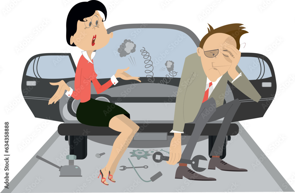 Fototapeta premium Sad man, angry woman and broken car. Upset woman asks the man to do something with the broken car. Isolated on white illustration 