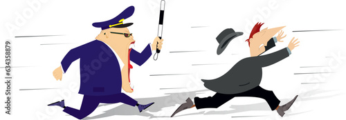 Angry police officer running after man. 
Male police officer with handcuffs and baton trying to catch up a man
