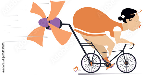 Cartoon woman rides a bike. Cycling girl. 
Fat bottomed girl on the bike tries to ride faster using a propeller. Isolated on white background
