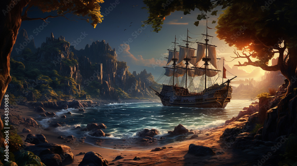 Pirate Cliffs Pirate's Cove: A hidden cove with a pirate ship at anchor, surrounded ...