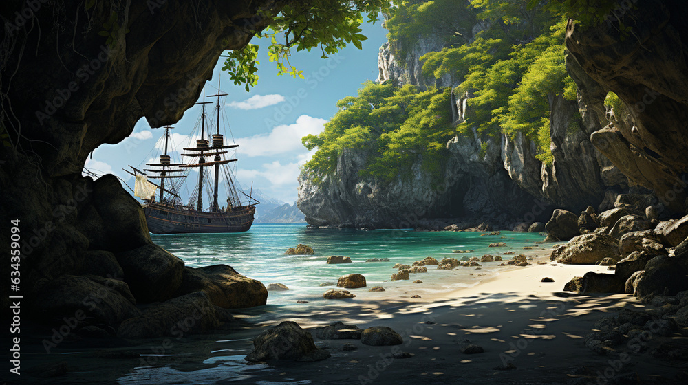 Pirate Cliffs Pirate's Cove: A hidden cove with a pirate ship at anchor, surrounded ...