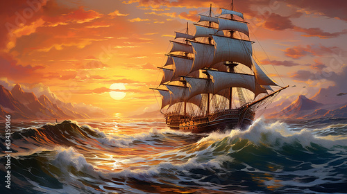 Sailing at Sunset: A majestic sailing ship with billowing sails on a tranquil sea, bathed in the warm hues of a breathtaking sunset  © Наталья Евтехова