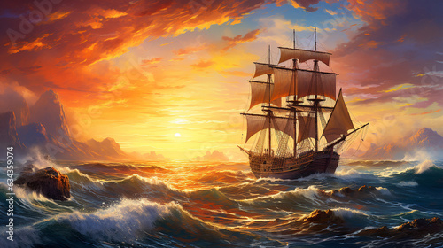 Sailing at Sunset: A majestic sailing ship with billowing sails on a tranquil sea, bathed in the warm hues of a breathtaking sunset  © Наталья Евтехова