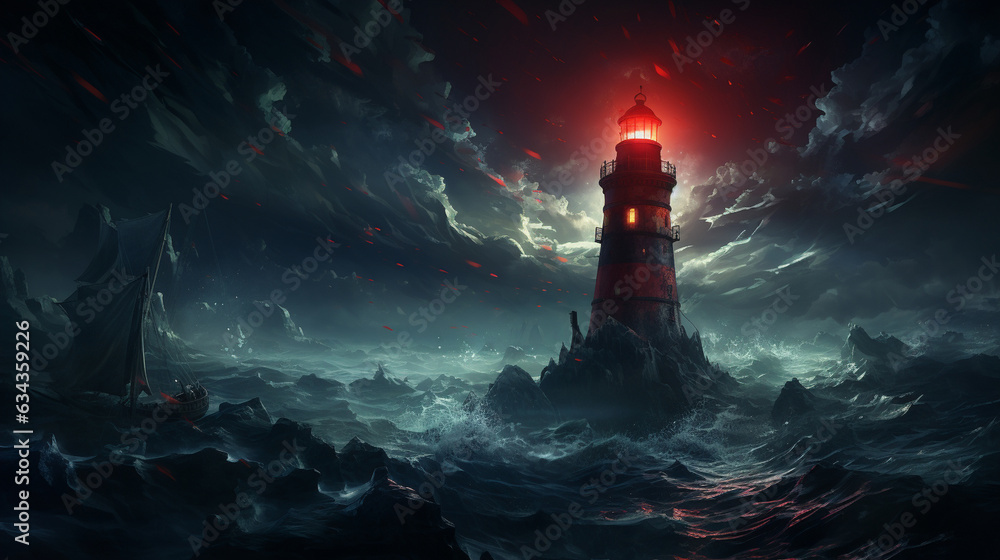 Lighthouse Watch: A ship passing by a towering lighthouse at night, its light piercing the darkness, guiding vessels to safety 