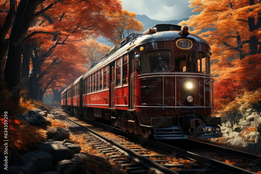 Traversing Nature's Palette: The Breathtaking Train Expedition through a Forest Alive with the Hues of Vibrant Autumn Leaves