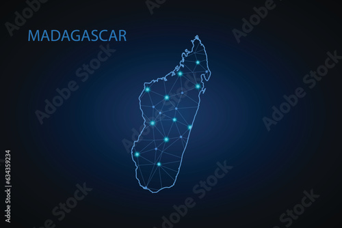 Map of Madagascar. Wire frame 3D mesh polygonal network line, design sphere, dot and structure. communications map of Madagascar. Vector Illustration EPS10.
