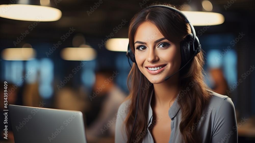 Portrait of young smiling caucasian call center operator woman working with a headset Portrait of young smiling caucasian call center operator woman working with a headset