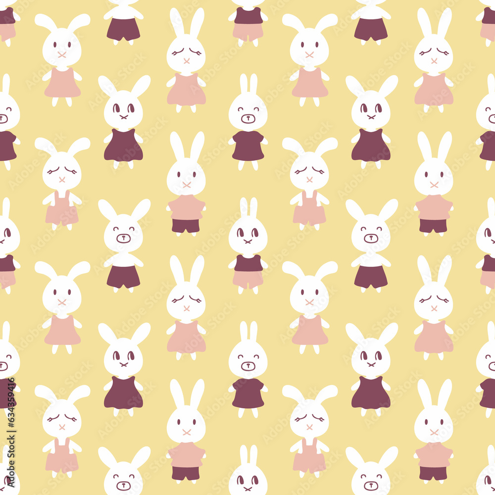 Seamless pattern with white hares in different clothes. Perfect retro print for tee, textile and fabric. Hand drawn illustration for decor and design.