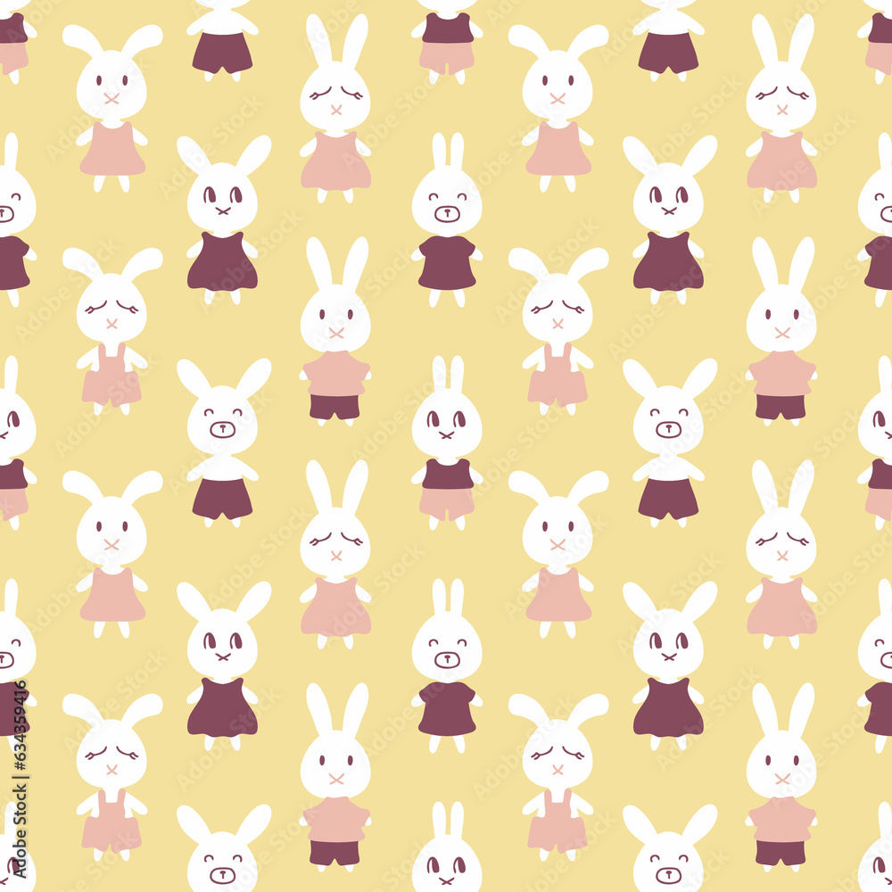 Seamless pattern with white hares in different clothes. Perfect retro print for tee, textile and fabric. Hand drawn illustration for decor and design. Seamless pattern with white hares in different clothes. Perfect retro print for tee, textile and fabric. Hand drawn illustration for decor and design.