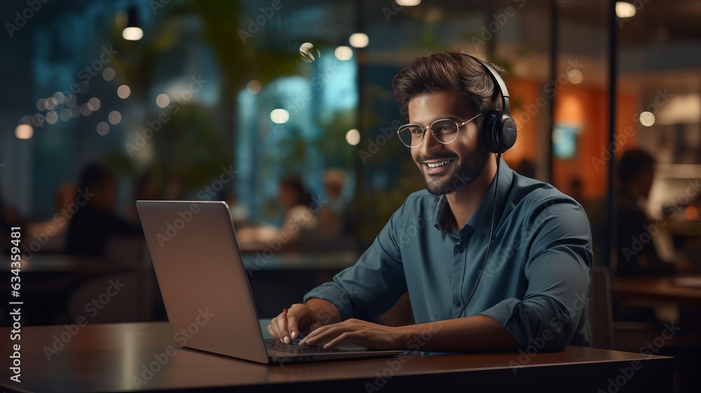 Portrait of young Indian call center operator man doing his job with a headset Portrait of young Indian call center operator man doing his job with a headset