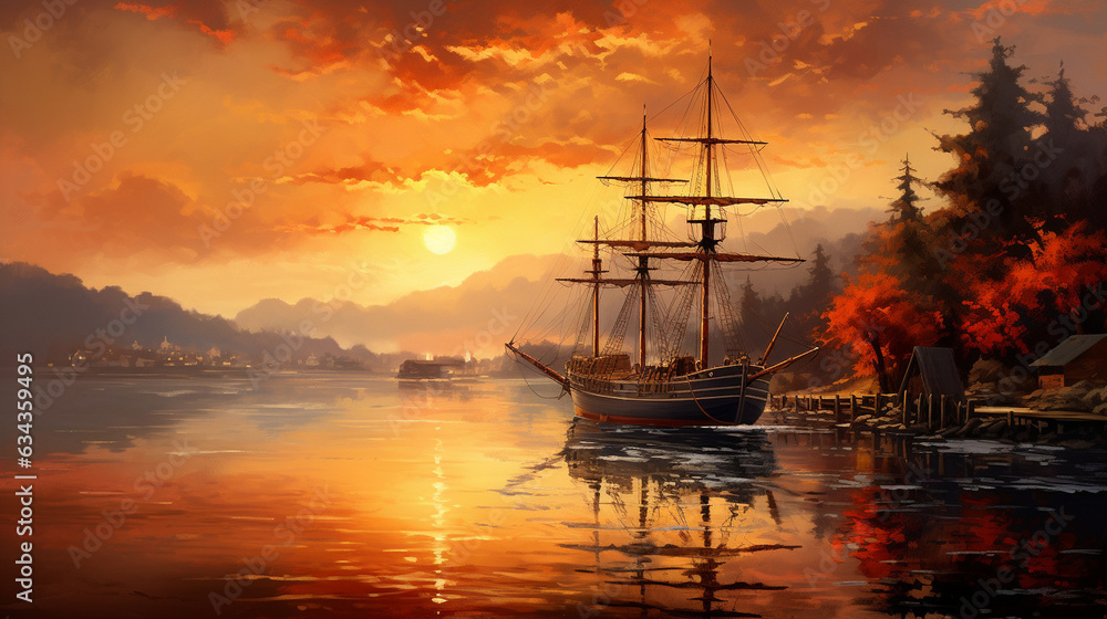 Harbor Sunrise: A ship entering a picturesque harbor at sunrise, with warm colors illuminating the scene, promising a new day 