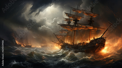 Ships in a Storm: Several ships battling through a fierce storm, with lightning, crashing waves, and a turbulent sky 
