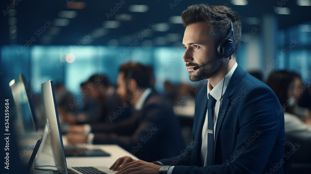 Portrait of young caucasian call center operator man doing his job with a headset
