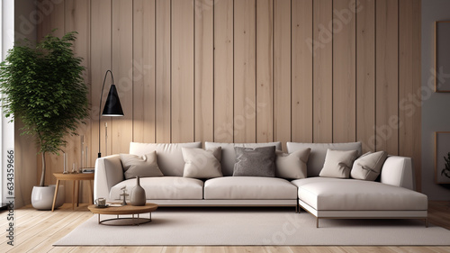 Beige corner sofa against of wooden paneling wall Minimalist interior design of modern living room 