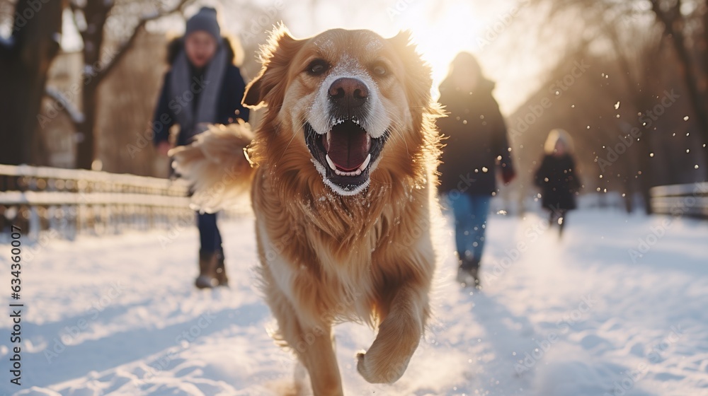 Happy family walking their pet golden retriever in the winter forest outdoors. Active Christmas holidays. Design ai