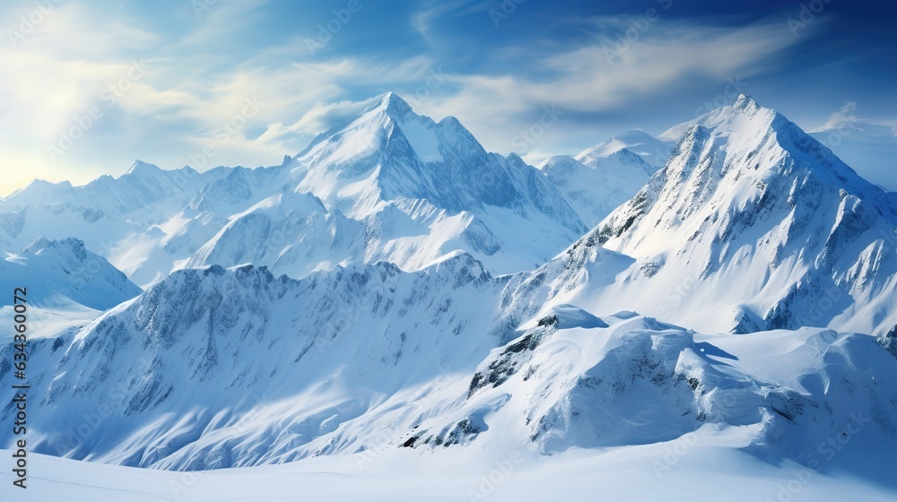 Obraz premium A beautiful view of a big snowy mountain range with a blue sky. Design ai